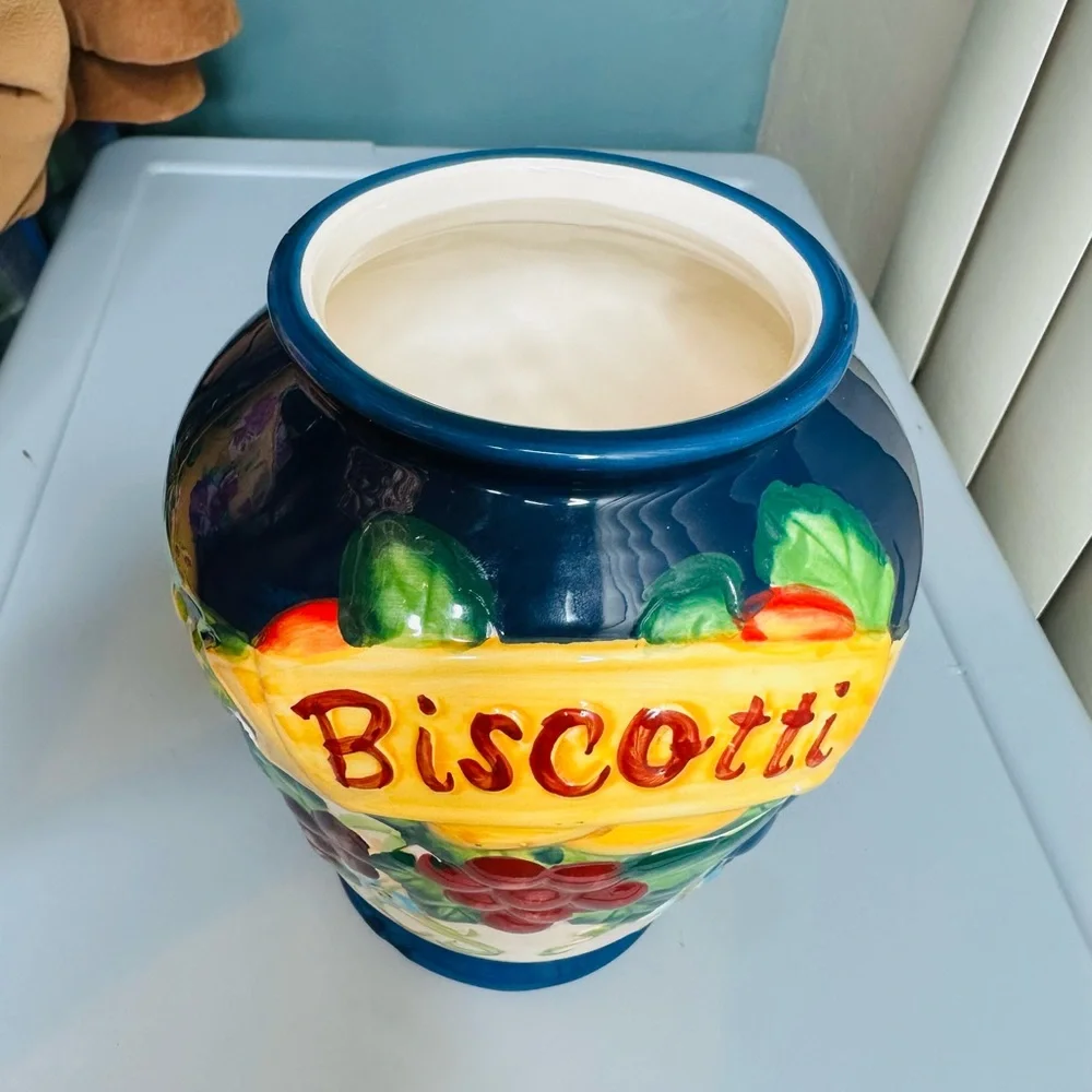 Vintage Nonnis Biscotti Cookie Jar Blue Hand Painted Tuscany Fruit flower Vase